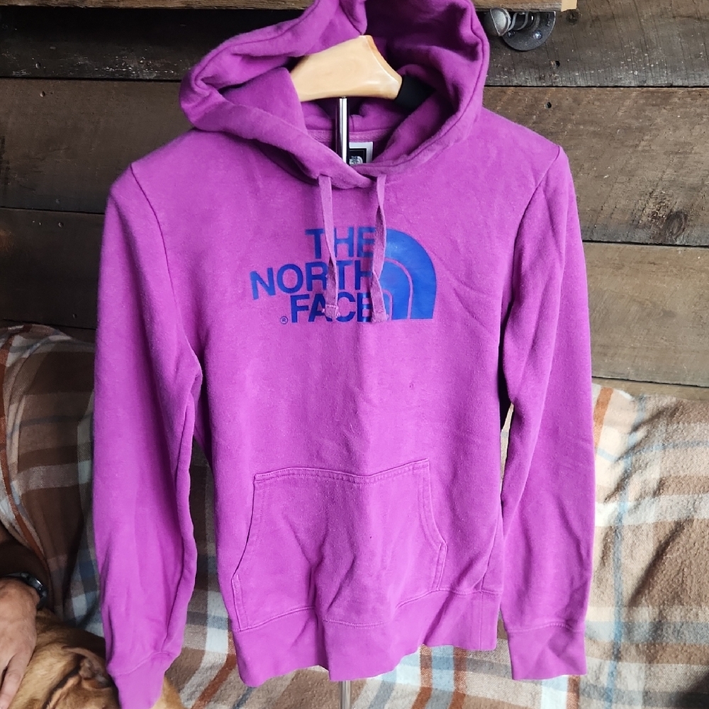 The North Face Magenta Hoodie with Blue Logo